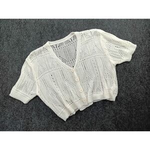 Knit Mix White Open Knit Short Sleeve Cropped Cardigan Top Womens M